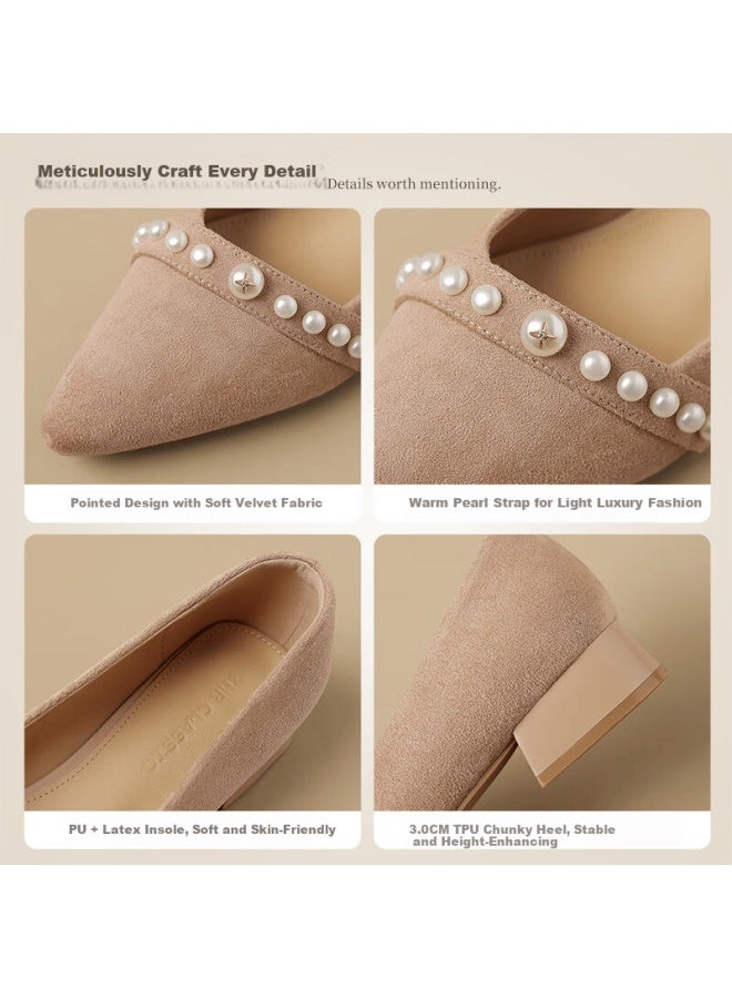 Zhr Zese Women's Summer Single Shoes Gentle Style Pearl Shallow Mouth Vintage Suede Pointed Toe Shoes Bl561 Apricot 37 - Image 5