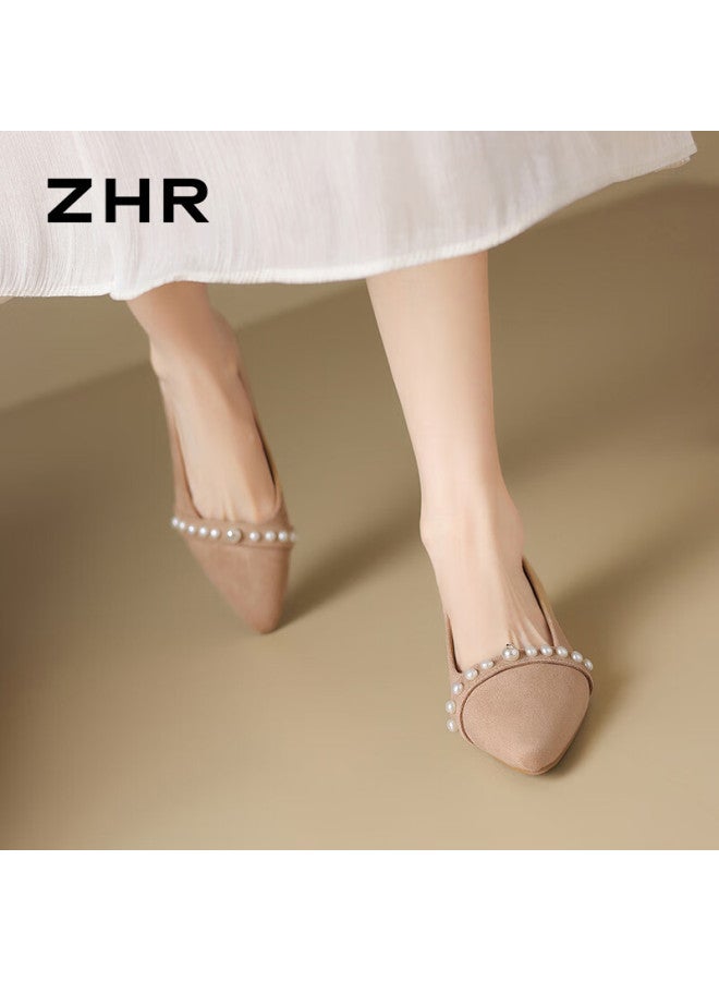 Zhr Zese Women's Summer Single Shoes Gentle Style Pearl Shallow Mouth Vintage Suede Pointed Toe Shoes Bl561 Apricot 37 - Image 2