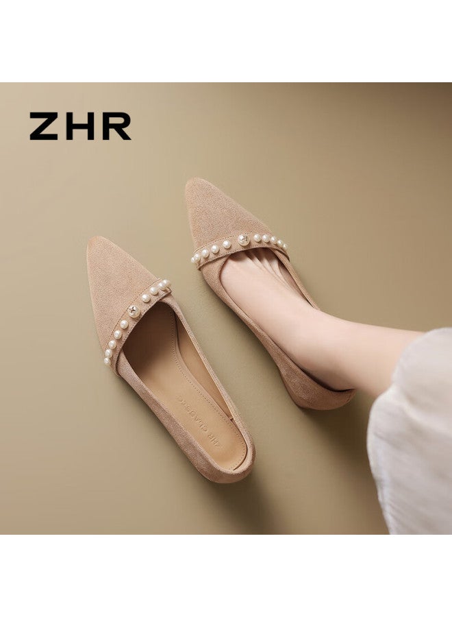 Zhr Zese Women's Summer Single Shoes Gentle Style Pearl Shallow Mouth Vintage Suede Pointed Toe Shoes Bl561 Apricot 37 - Image 1