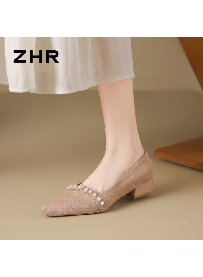 Zhr Zese Women's Summer Single Shoes Gentle Style Pearl Shallow Mouth Vintage Suede Pointed Toe Shoes Bl561 Apricot 37 - Image 4