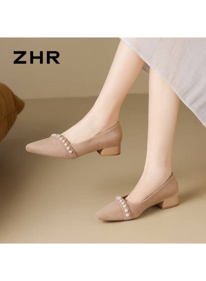 Zhr Zese Women's Summer Single Shoes Gentle Style Pearl Shallow Mouth Vintage Suede Pointed Toe Shoes Bl561 Apricot 37 - Image 3