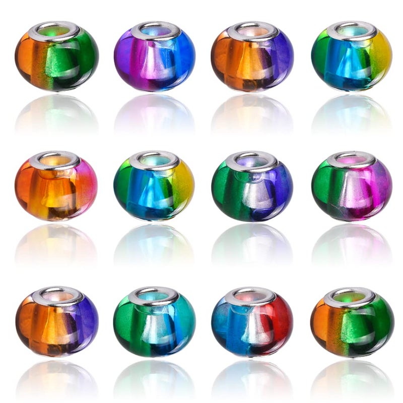 AIPRIDY 100Pcs 15x11mm Painting Murano Large Hole Glass Beads Mix Color with Silver Brass Cores European Charm fit Bracelet Necklace Transparent Double Color Glass