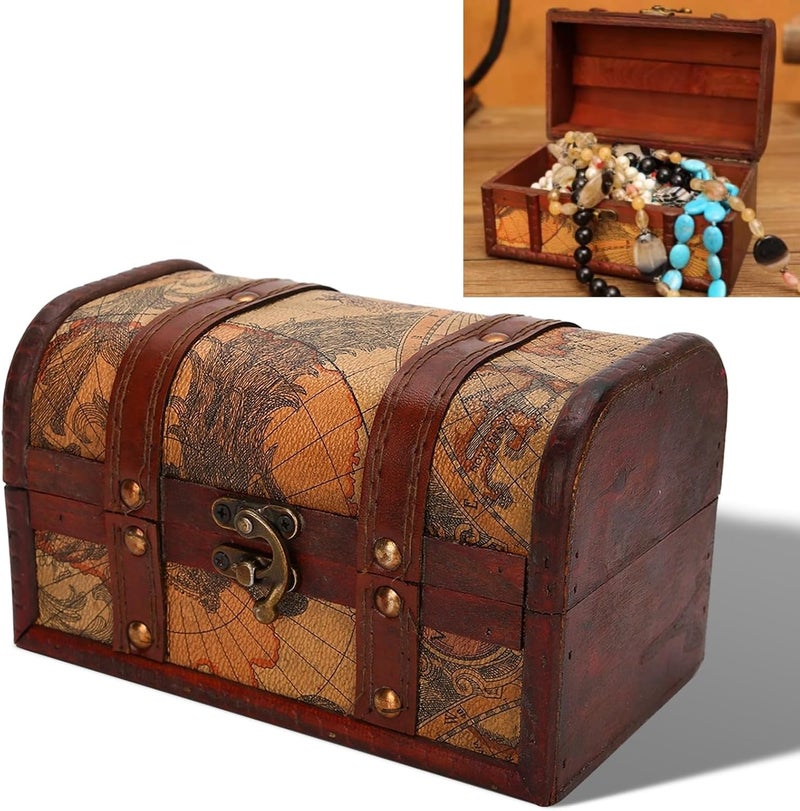 DAUERHAFT Treasure Chest, Wooden Vintage Style Boxes with Map Pattern, Handmade Jewelry Storage Case, Decoration Wood Organizer for Home Office Jewelry Ornaments Gifts - Image 1