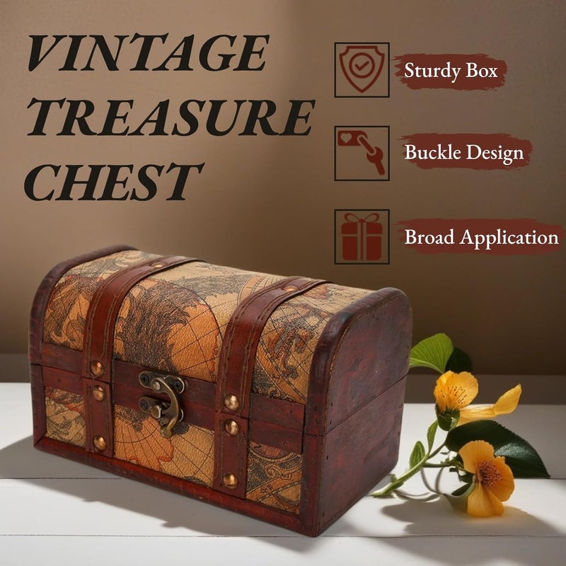 DAUERHAFT Treasure Chest, Wooden Vintage Style Boxes with Map Pattern, Handmade Jewelry Storage Case, Decoration Wood Organizer for Home Office Jewelry Ornaments Gifts - Image 2