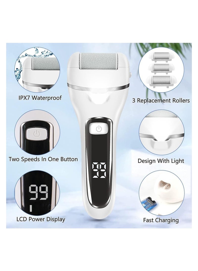 KHAJUL Electric Callus Remover for Feet Rechargeable Pedicure Tool Foot Care Foot File All-in-1 Callus Remover Kit for Removing Cracked and Dead Skin from Heels with 3 Roller Heads 2-Speed Battery Display  - Image 2