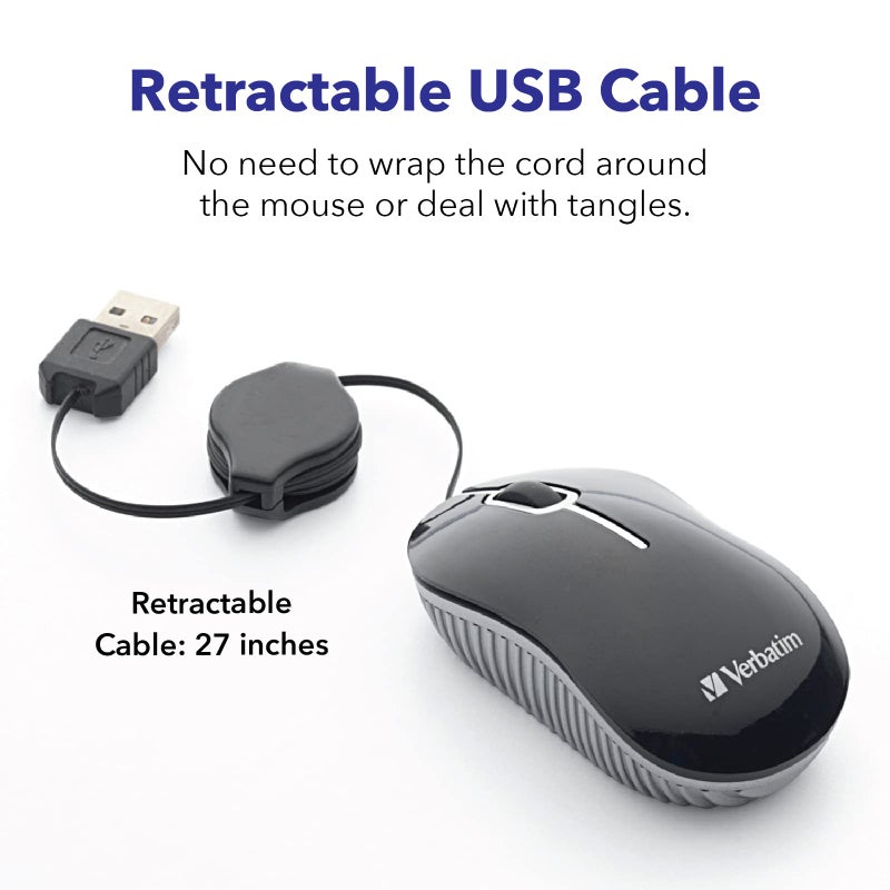 Verbatim Wired Optical Computer Mini USB-A Mouse - Plug & Play Corded Small Travel Mouse with Retractable Cable â€“ Black 98113 - Image 4