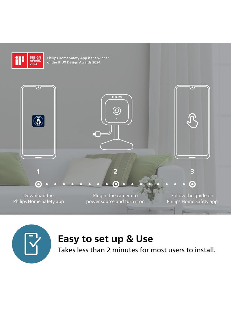 Philips - PHILIPS WiFi HSP1000 Fixed Indoor Security Camera | Full HD 2MP | 2-Way Talk | Motion Detect | Night Vision| SD Card | AES-128bit Encryption | 2 Year Brand Replacement Warranty - Image 1