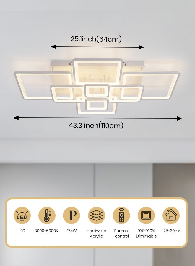 YATAI LIGHTING 8-Square 110cm Rectangular LED Ceiling Light, 174W Modern Dimmable Fixture with Remote, 3000K‚Äì6000K Color Adjustable for Living Room, Bedroom, Library - Image 3