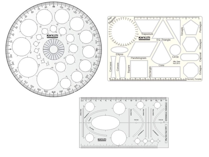 KHYATI Plastic Pro Circle with 25 Circles, Hyperbola- Parabola Template, Geometry Template, Drafting Scale Ruler Very Useful to Architect, Engineering Students, Office Employee (Set of 3) - Image 1