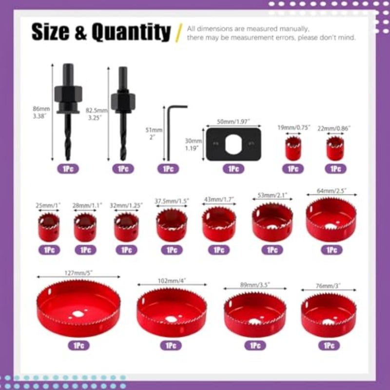Hole Saw Set, 17Pcs Hole Saw Kit with 3/4" to 5" 19mm-127mm 13Pcs Saw Blades, Drill Bits, Hex Key and Installation Plate with Storage Box, Ideal for Soft Wood, Plywood, Drywall, PVC, Plastic - Image 4