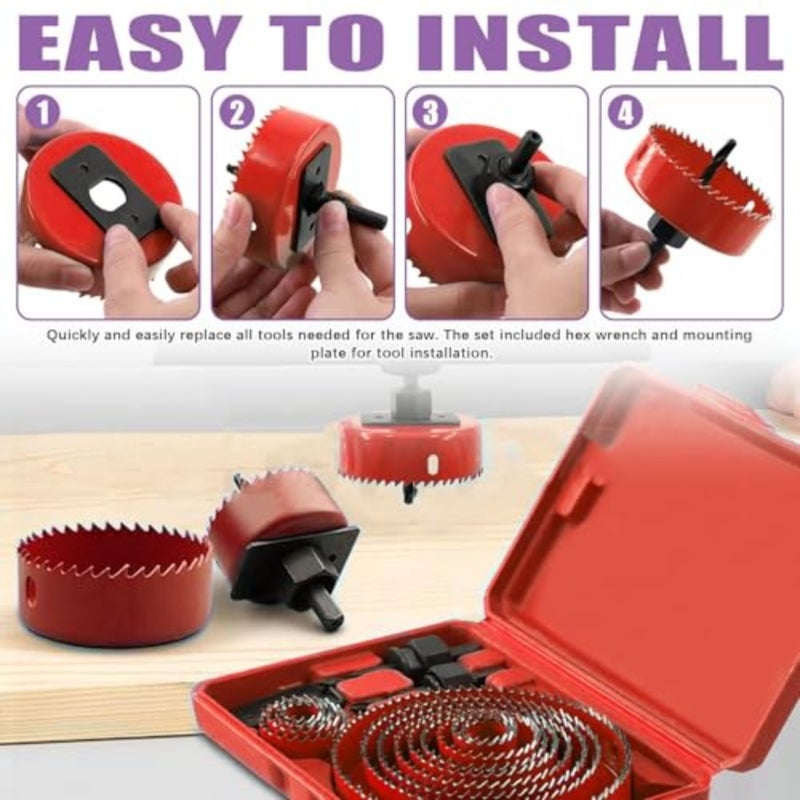 Hole Saw Set, 17Pcs Hole Saw Kit with 3/4" to 5" 19mm-127mm 13Pcs Saw Blades, Drill Bits, Hex Key and Installation Plate with Storage Box, Ideal for Soft Wood, Plywood, Drywall, PVC, Plastic - Image 5
