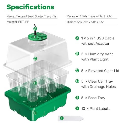 Bonviee 5 Packs Seed Starter Tray with Plant Light, Elevated Seedling Starter Trays Kits with Adjustable Humidity Domes and Clear Cell Tray, 12 Full Spectrum led lamp Beads for Plants Indoor-Green - Image 2