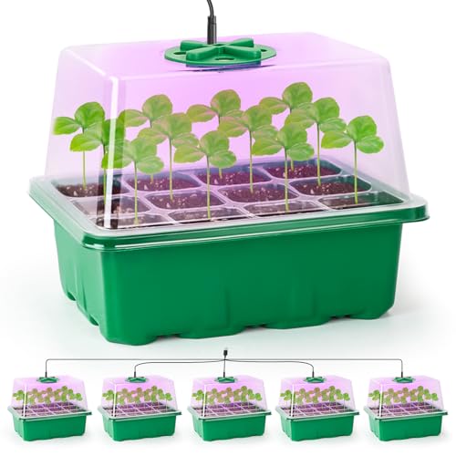 Bonviee 5 Packs Seed Starter Tray with Plant Light, Elevated Seedling Starter Trays Kits with Adjustable Humidity Domes and Clear Cell Tray, 12 Full Spectrum led lamp Beads for Plants Indoor-Green - Image 1