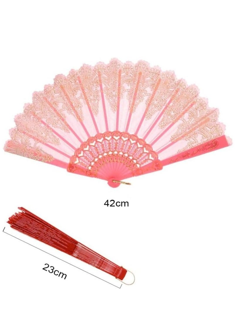 كابتن تيك Lace Folding Fan Elegant Vintage Handheld Chinese Style Folding Fans Bridal Hand Fan Women Fan Festival Gift Performance Fan Home Decorative Accessories (Pink) - Image 4