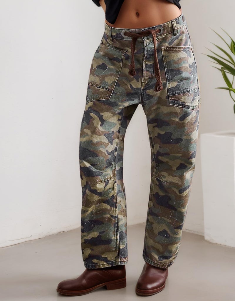 Kedera Mid Rise Barrel Jeans for Women Wide Leg Camo Cargo Pants Y2k Baggy Denim Trousers Trendy Fall with Pockets - Image 4