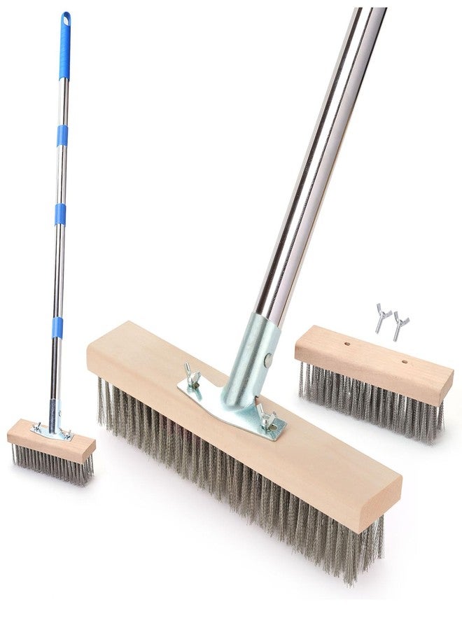MAXMAN Stainless Steel Wire Scrub Brush with 63" Long Handle, 2PCS 12" Brush Heads, Heavy Duty Large Wire Brush, Stiff Metal Bristle Floor Scrubber, Patio Floor Cleaning, Wire Broom for Concrete, Deck, Moss - Image 1