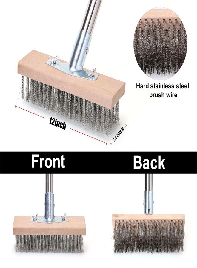 MAXMAN Stainless Steel Wire Scrub Brush with 63" Long Handle, 2PCS 12" Brush Heads, Heavy Duty Large Wire Brush, Stiff Metal Bristle Floor Scrubber, Patio Floor Cleaning, Wire Broom for Concrete, Deck, Moss - Image 2