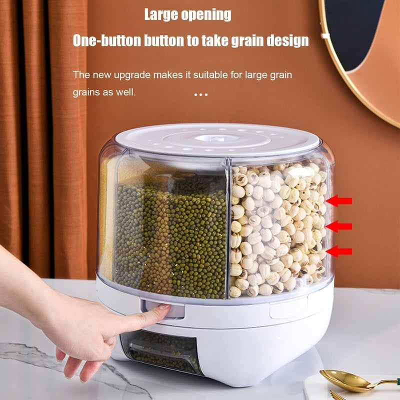 Gvnd Rice Dry Food Round Dispenser Kitchen Organizer 6Grid 360 Rotating Cereal Grain Container for Home Cereal Transparent Bucket Storage Box Beans Clear Cans Gift for Women - Image 2