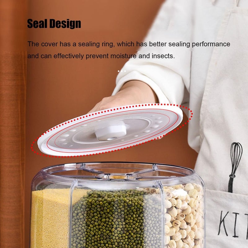 Gvnd Rice Dry Food Round Dispenser Kitchen Organizer 6Grid 360 Rotating Cereal Grain Container for Home Cereal Transparent Bucket Storage Box Beans Clear Cans Gift for Women - Image 3