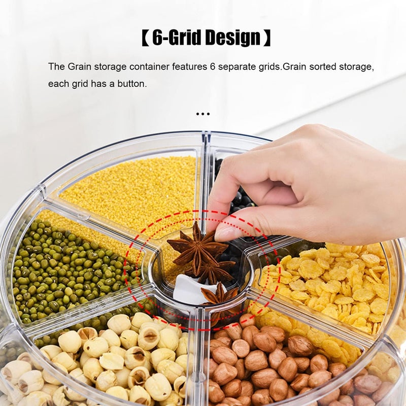 Gvnd Rice Dry Food Round Dispenser Kitchen Organizer 6Grid 360 Rotating Cereal Grain Container for Home Cereal Transparent Bucket Storage Box Beans Clear Cans Gift for Women - Image 5