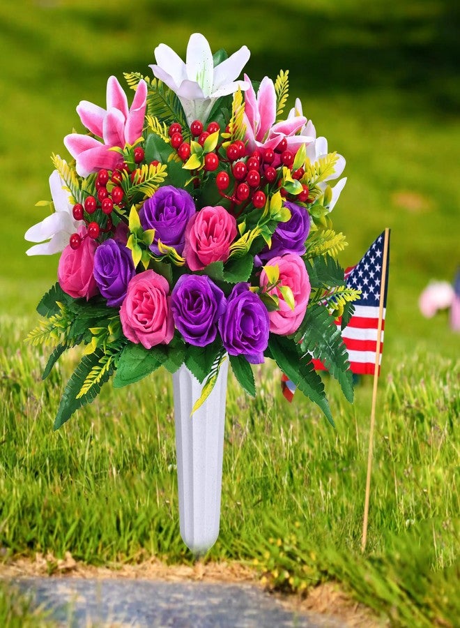 Dolicer 2 Sets Artificial Cemetery Flowers for Grave, Realistic Grave Flowers Memorial Flowers for Cemetery UV Resistant Silk Rose Lily Flowers with Vase for Cemetery Grave Decorations(Colorful) - Image 5