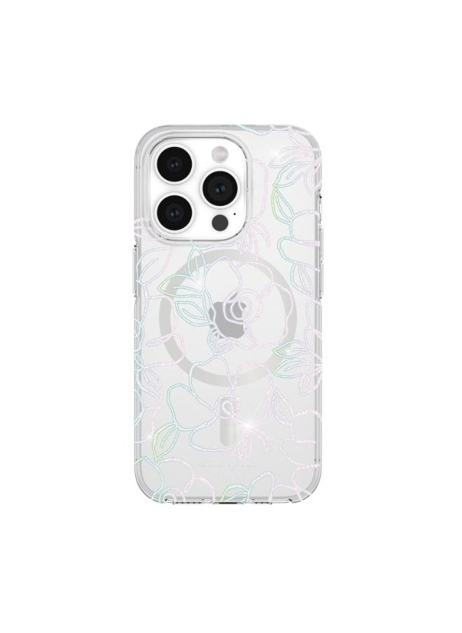 Kate Spade - Floral Case Compatible with iPhone 15 Pro 2023 6.1" - 10Ft Drop Protection Cover, Made from Recycled Materials, Magsafe Wireless Charging Compatible - Modern Floral Silver - Image 1