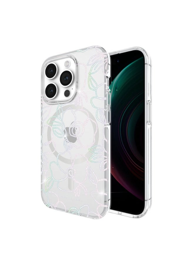 Kate Spade - Floral Case Compatible with iPhone 15 Pro 2023 6.1" - 10Ft Drop Protection Cover, Made from Recycled Materials, Magsafe Wireless Charging Compatible - Modern Floral Silver - Image 1
