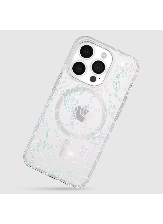Kate Spade - Floral Case Compatible with iPhone 15 Pro 2023 6.1" - 10Ft Drop Protection Cover, Made from Recycled Materials, Magsafe Wireless Charging Compatible - Modern Floral Silver - Image 1