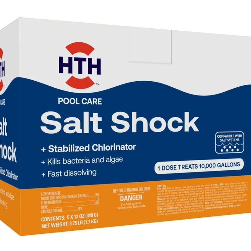 HTH 52047 Swimming Pool Care Salt Shock, Stabilized Chlorinator, 1 dose Treats 10000 gallons, 5x12oz Packets - Image 1