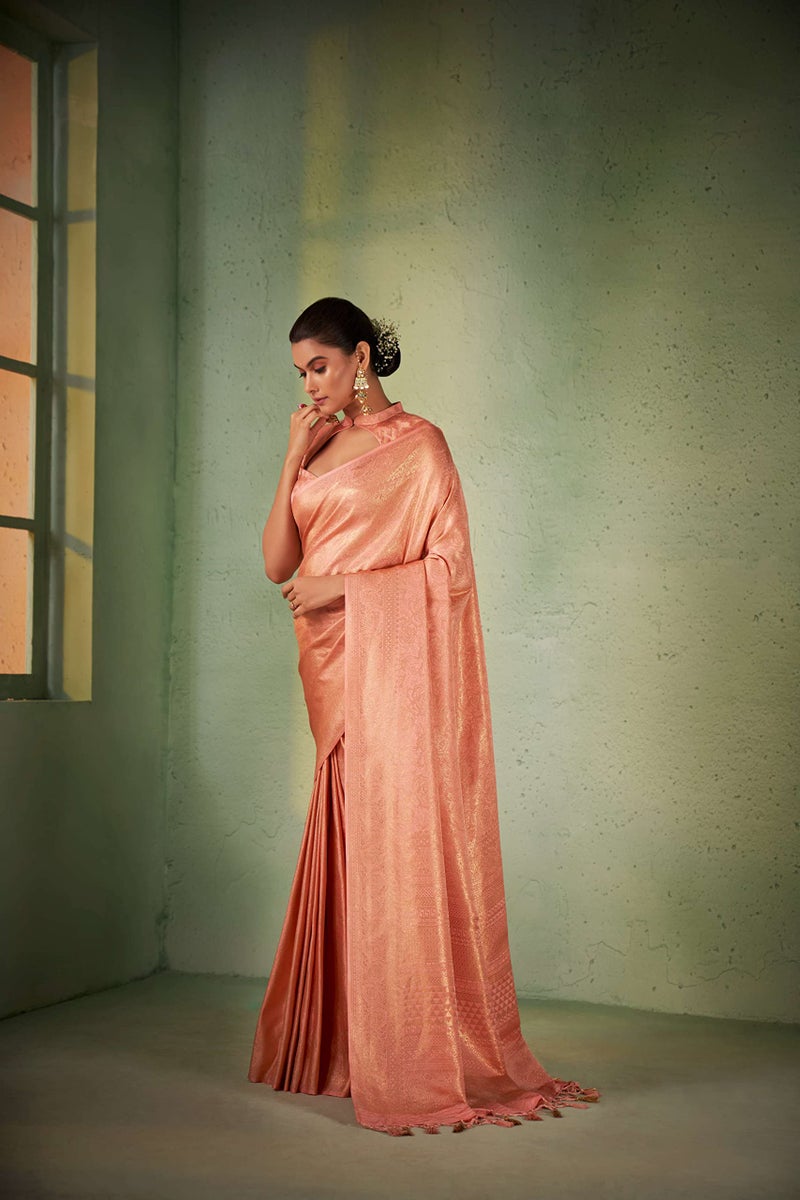 Vardha Women's Kanjivaram Art Silk Saree, Zari Woven, Gold, Unstitched Blouse - Pink Sari Asya Vol.4, 560 - Image 3