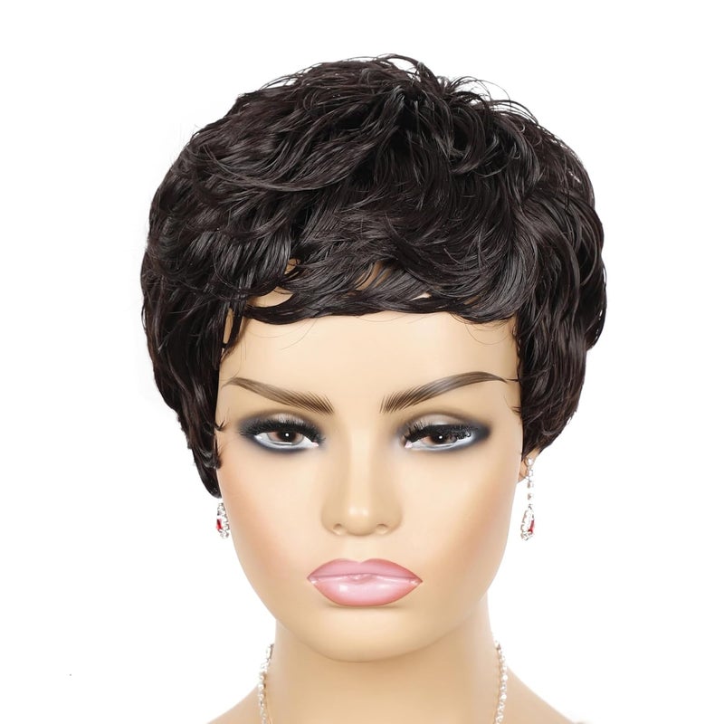 Czrleaty Short Pixie Cut Wig Synthetic Short Curly Wigs for White/Black Women Shot Layered Wavy Hair Wig With Bangs,Daily Wig (Chocolate 4#) 