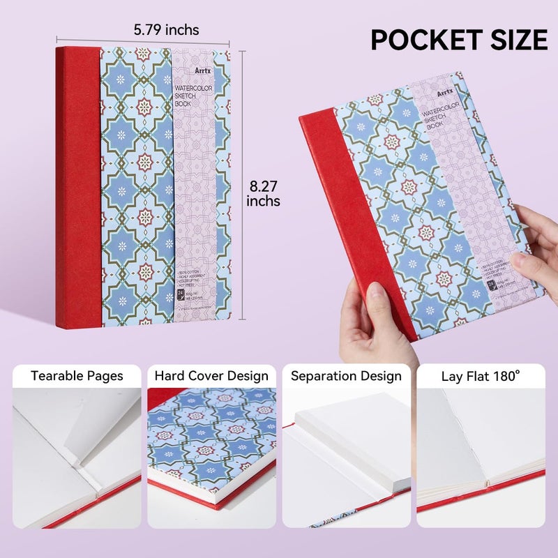 Arrtx Watercolor Sketchbook, 8.27x5.79'', 140 LB, 300 GSM, 100% Cotton Paper, Hot Press, 24 Sheets, Hardcover Watercolor Journal for Use As Travel Notebook for Artists Adults Students - Image 4