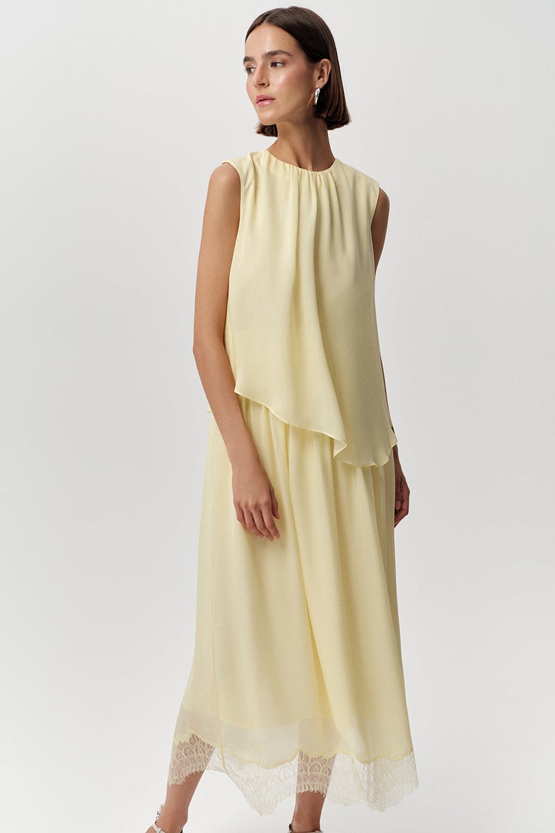 EXQUISE Crew Neck, Gathered Waist, Lace Detail, Regular Midi Yellow Dress - Image 3