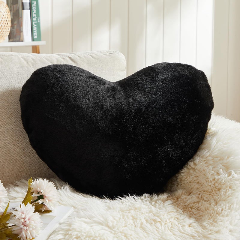 EastTree Heart Pillows, Black Heart Shaped Pillows, Love Throw Pillows Gifts, Ultra Faux Rabbit Fur Soft Small Cute Fluffy Pillows, Women Girls Kid Living Room Decor 10x13 Inch - Image 1