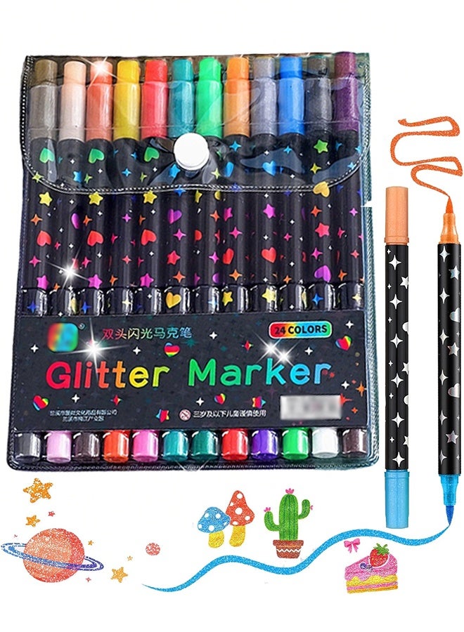 Dual Tip Glitter Markers Pens 24 Colors Dual Tip Brush Glitter Pens Set 12 Pack Sparkle Markers for Art Supplies Scrapbooking, Cards, DIY Crafts, Adults Coloring Books - Image 1