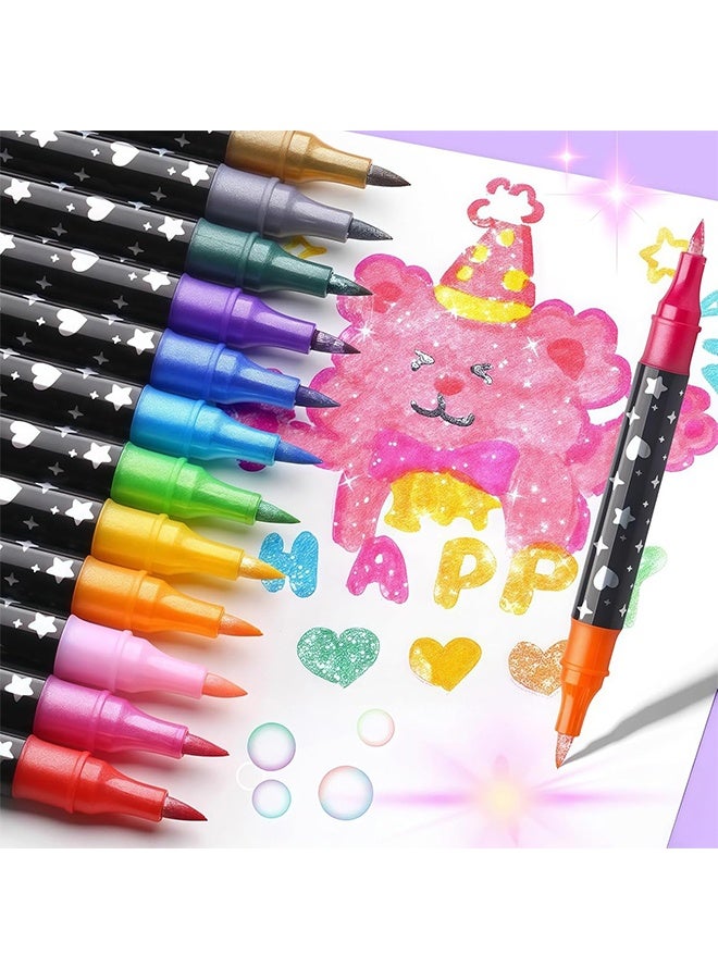 Dual Tip Glitter Markers Pens 24 Colors Dual Tip Brush Glitter Pens Set 12 Pack Sparkle Markers for Art Supplies Scrapbooking, Cards, DIY Crafts, Adults Coloring Books - Image 2