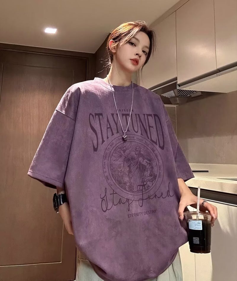 Suede Short-Sleeved T-Shirt Men'S Summer American-Style High-Street Hiphop Heavy-Weight Loose Half-Sleeved T-Shirt 1 - Image 1