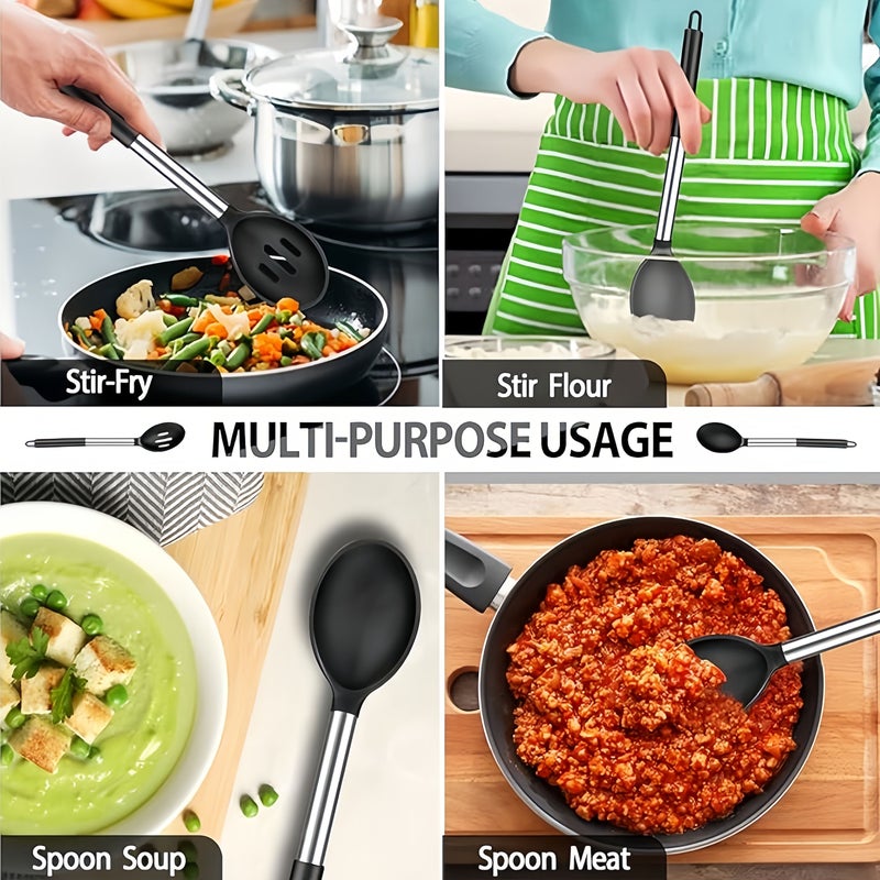 Heat Resistant Large Silicone Cooking Spoon Set Non Stick Stainless Steel Slotted And Solid Spatula For Serving Mixing Draining - Image 4