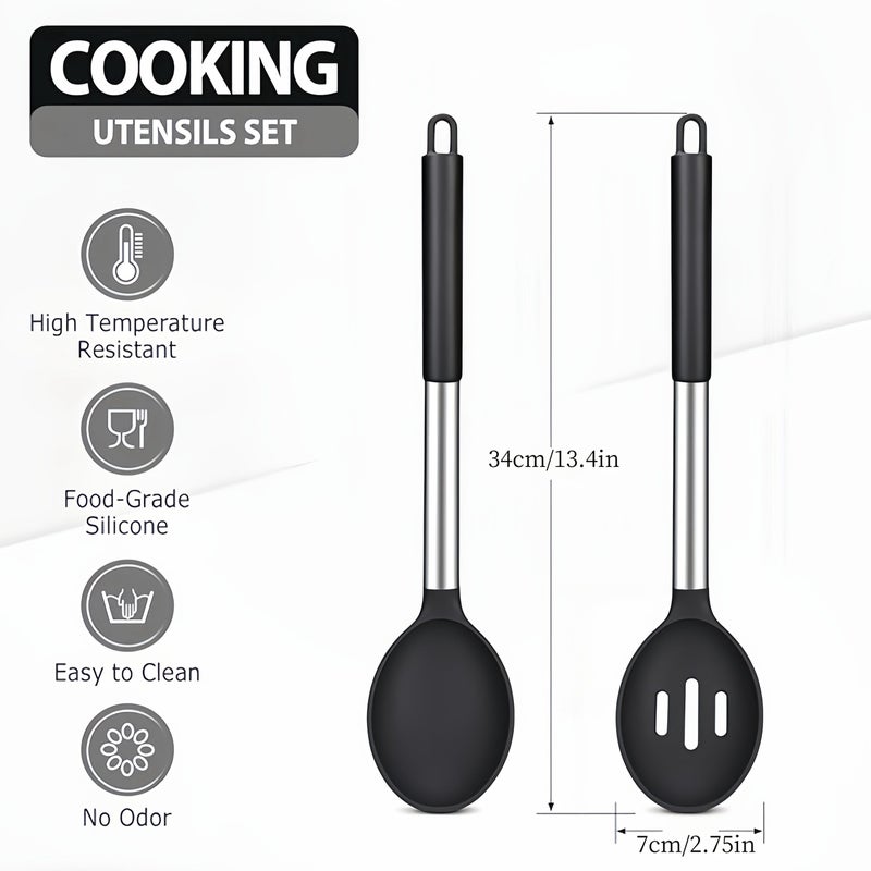 Heat Resistant Large Silicone Cooking Spoon Set Non Stick Stainless Steel Slotted And Solid Spatula For Serving Mixing Draining - Image 1