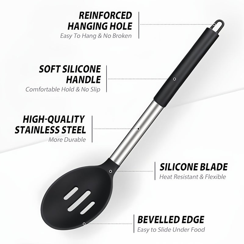 Heat Resistant Large Silicone Cooking Spoon Set Non Stick Stainless Steel Slotted And Solid Spatula For Serving Mixing Draining - Image 5