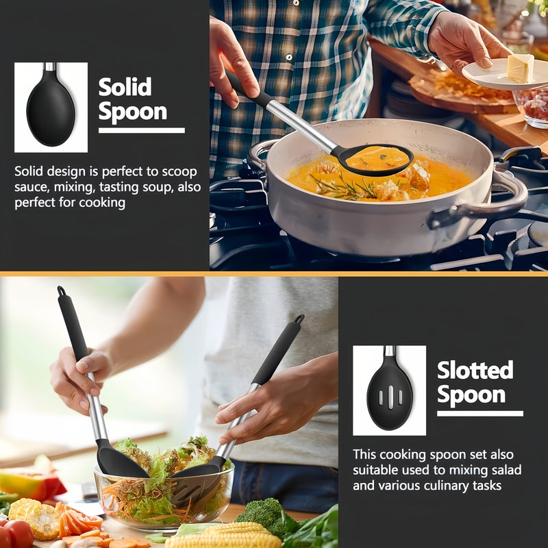Heat Resistant Large Silicone Cooking Spoon Set Non Stick Stainless Steel Slotted And Solid Spatula For Serving Mixing Draining - Image 3