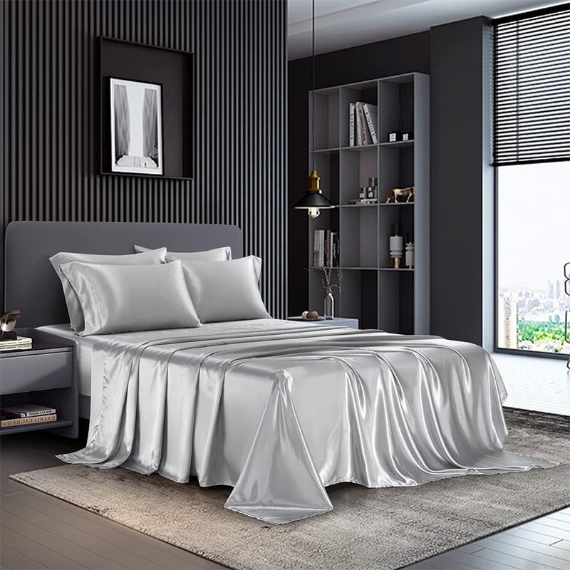 AiMay 6 Piece Satin Bedding Sheet Pillowcase Sets Deep Pocket Luxury Rich Silk Silky Super Soft Solid Color Sexy Honeymoon StainResistant Wrinkle Free Queen SilverLight Grey