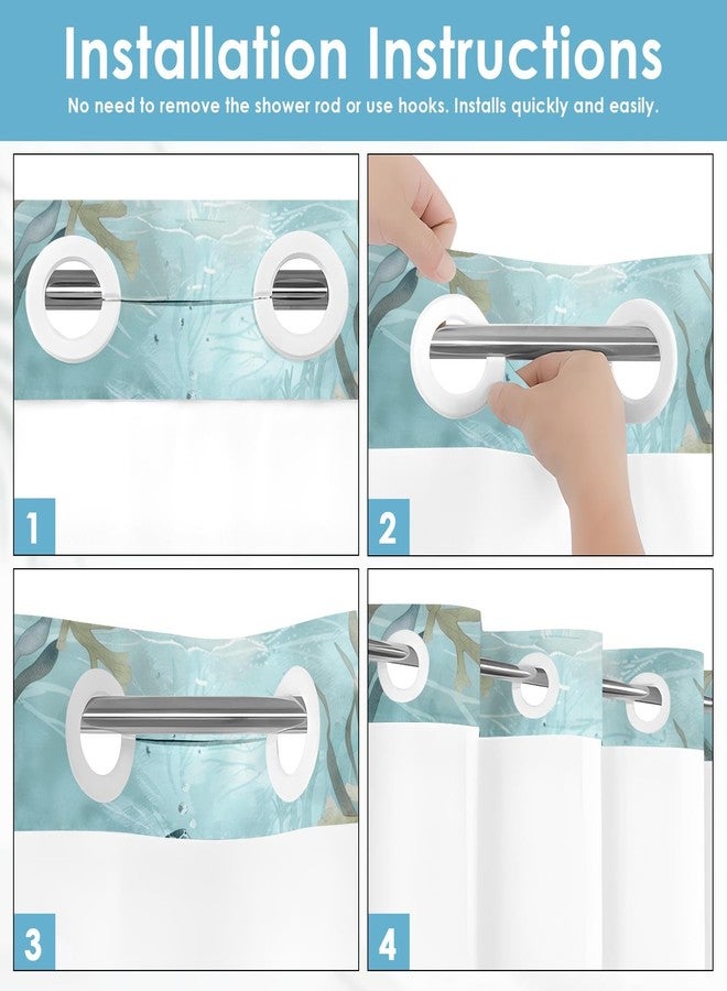 Nesphy No Hook Nautical Teal Sea Turtles Shower Curtain with Snap in Fabric Liner Set, Ocean Beach Double Layers Waterproof Fabric with See Through Top Window Open Grommet Bath Curtain 71x74 Inch - Image 2