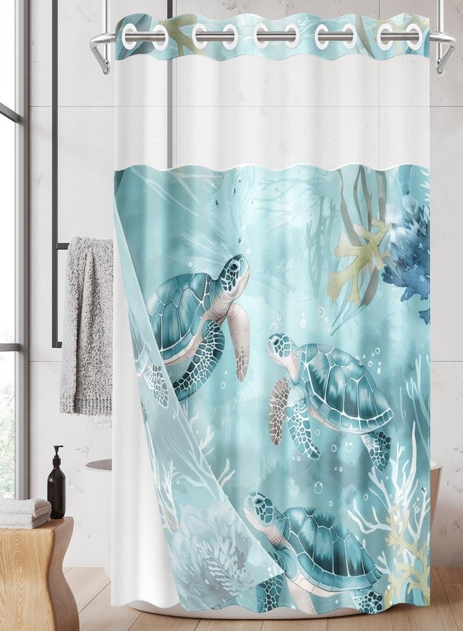 Nesphy No Hook Nautical Teal Sea Turtles Shower Curtain with Snap in Fabric Liner Set, Ocean Beach Double Layers Waterproof Fabric with See Through Top Window Open Grommet Bath Curtain 71x74 Inch - Image 1