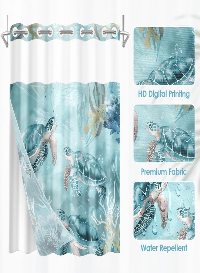 Nesphy No Hook Nautical Teal Sea Turtles Shower Curtain with Snap in Fabric Liner Set, Ocean Beach Double Layers Waterproof Fabric with See Through Top Window Open Grommet Bath Curtain 71x74 Inch - Image 4