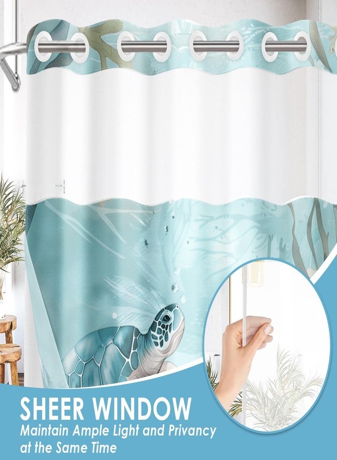 Nesphy No Hook Nautical Teal Sea Turtles Shower Curtain with Snap in Fabric Liner Set, Ocean Beach Double Layers Waterproof Fabric with See Through Top Window Open Grommet Bath Curtain 71x74 Inch - Image 3
