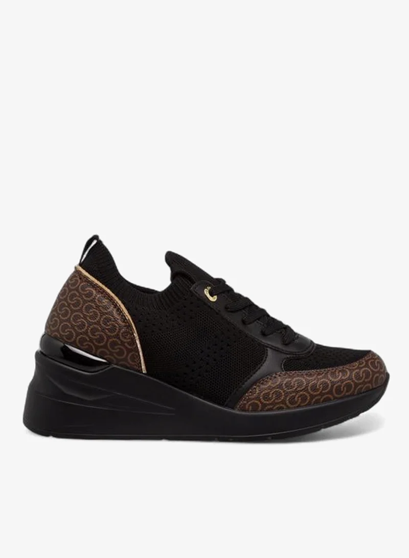 Women's Monogram Print Lace-Up Sneakers with Wedge Heel