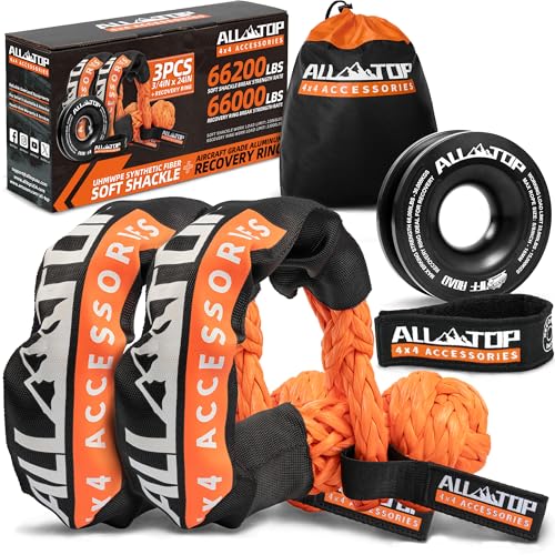 ALL-TOP Synthetic Soft Shackle & Recovery Ring Kit (2PCS 3/4in x 24in - 66200LBS Shackles + 1 Snatch Pulley Ring) for Winch Tackle Pulley System - Image 1
