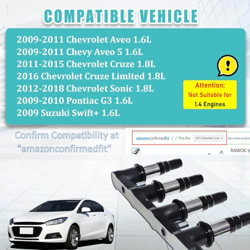 RAWOK Ignition Coil Pack Compatible with 2011-2015 Chevy Cruze 1.8L, 2016 Cruze Limited 1.8L, 2012-2018 Chevy Sonic 1.8L, 20019-2011 Aveo 5 Aveo5 1.6L, 2009 2010 Pontiac G3 1.6L Replace UF620 C1646 - Image 2