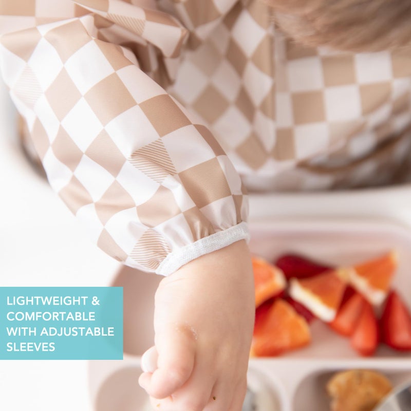 Bumkins - Sleeved Bib - For Boys & Girls, Babies & Toddlers 6-24 Months - Lightweight, Durable, Waterproof - Long Sleeve Bib - Catch-All Pocket - Wipeable & Machine Washable - Checks & Palms - 2 Pack - Image 4